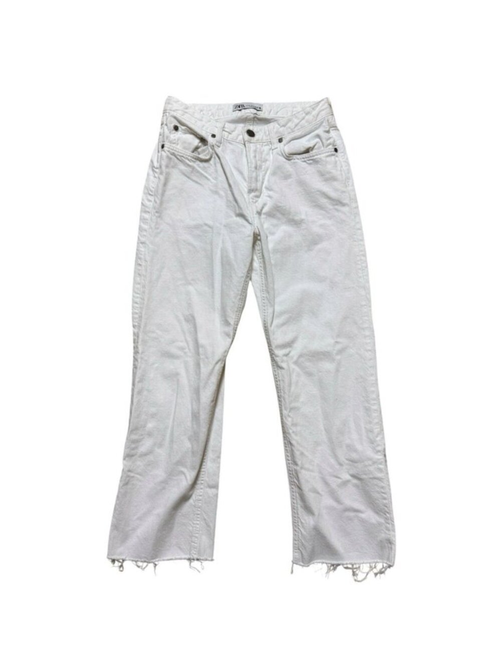 Zara White Cropped Straight Leg Jeans Distressed Raw Hem Size 4